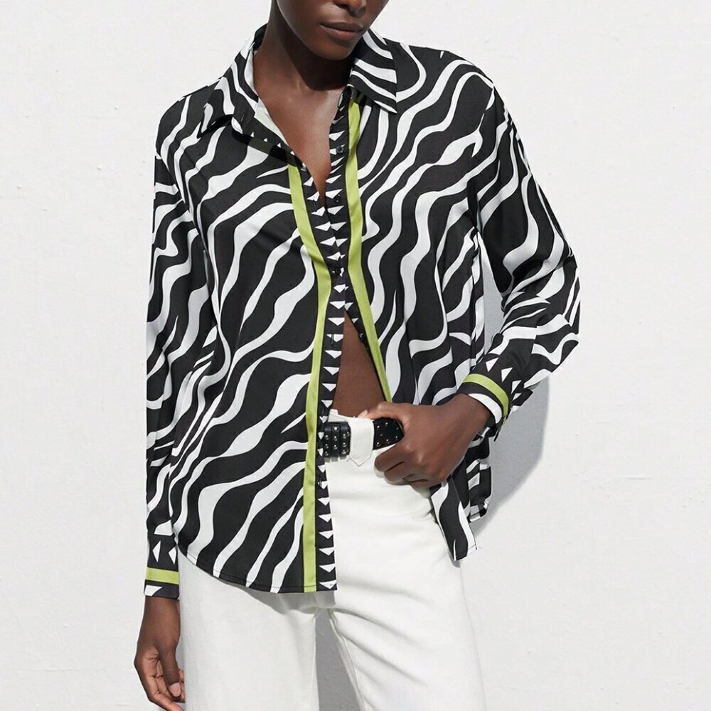 Black Casual Women's Round Neck Long Sleeve Zebra Print Shirt